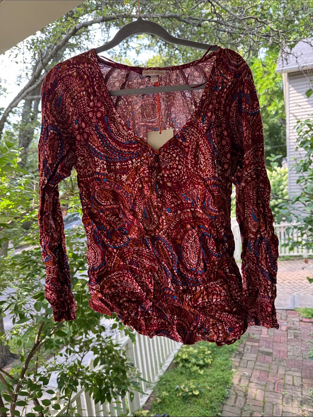 Knox Rose Burgundy Paisley V-Neck Long Sleeve Blouse with Blue Accents